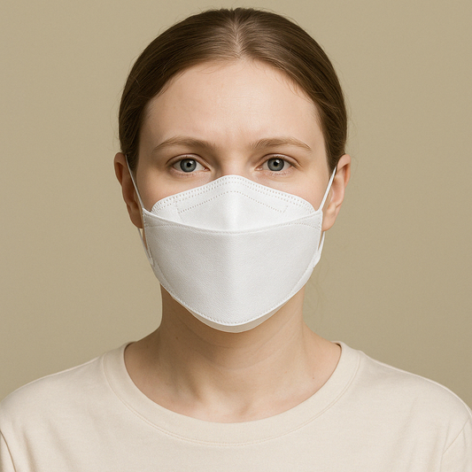 Sincdoo PLA KN95 mask, worn by model, showcasing the comfortable and breathable design made from biodegradable PLA material, ideal for businesses seeking sustainable protective gear.