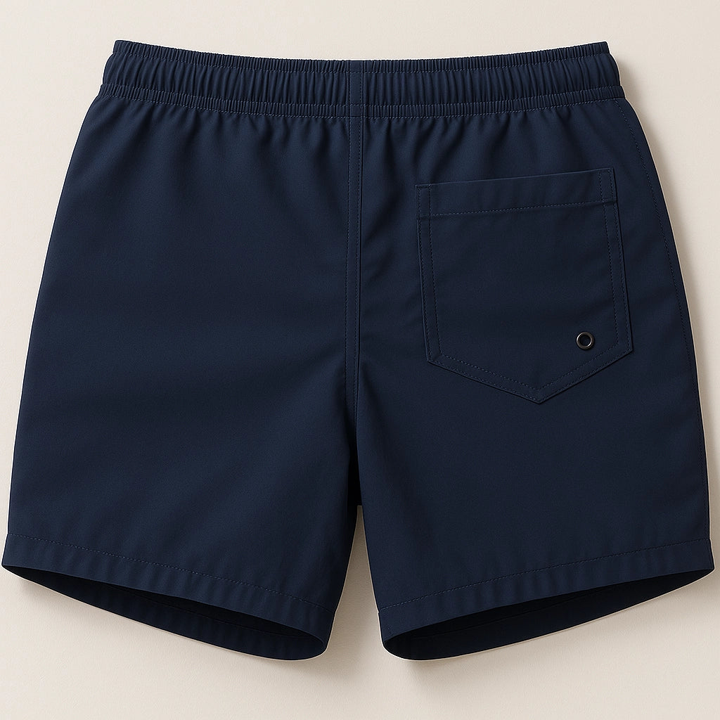 Flat back view of Sincdoo PLA beach shorts, designed with eco-friendly PLA material, ideal for summer wear and beach activities.