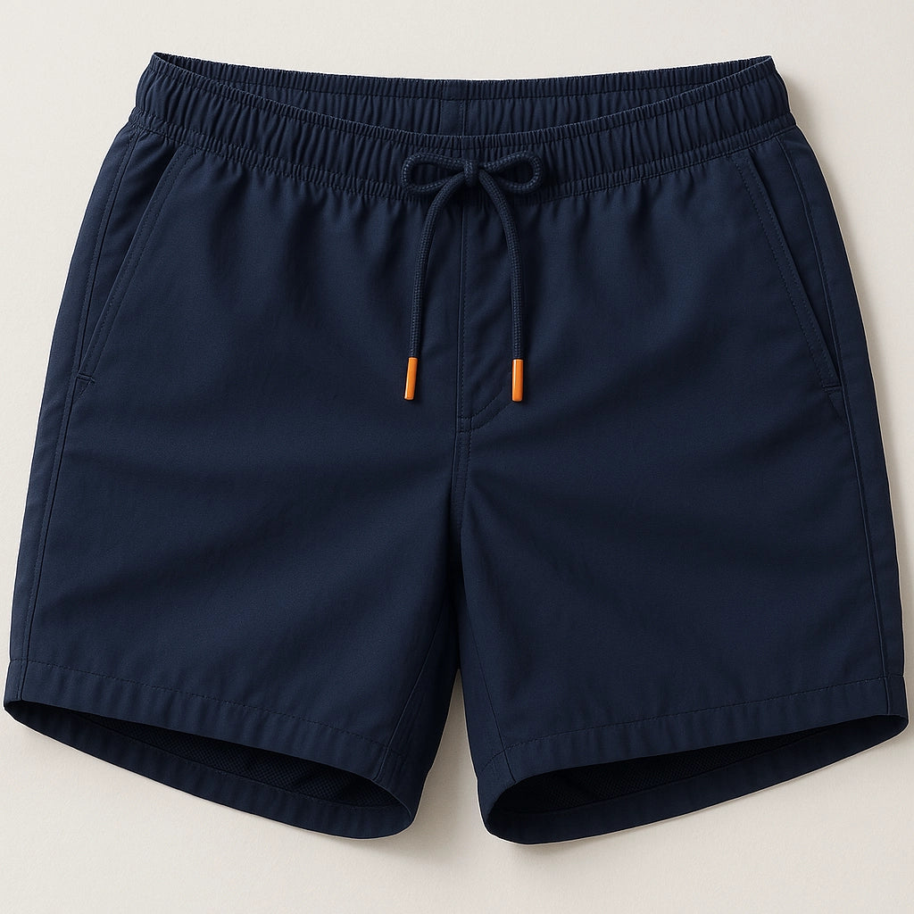 Flat front view of customizable PLA beach shorts by Sincdoo, crafted from breathable and biodegradable PLA fabric for a comfortable fit.