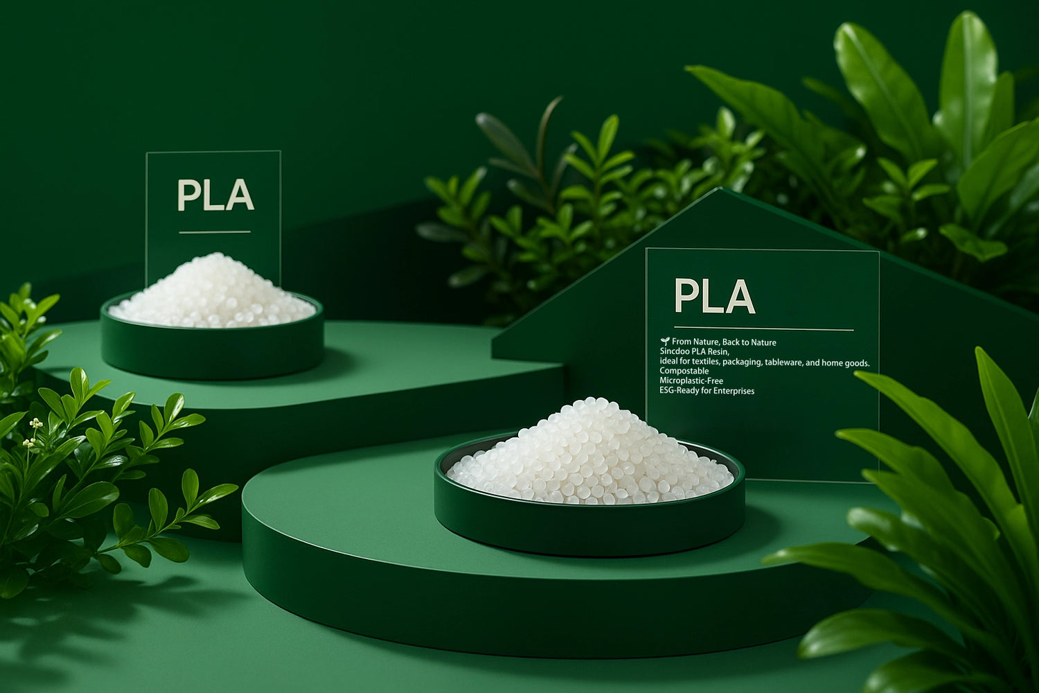 Sincdoo PLA bio-based resin material, made from renewable resources like corn and sugarcane, fully compostable and microplastic-free – ideal for sustainable manufacturing in textiles, packaging, and tableware.