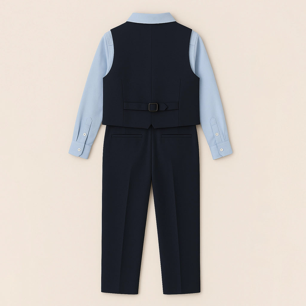 Flat back view of Sincdoo PLA boys' school uniform, made from eco-friendly fabric for breathable, soft, and safe daily school wear.