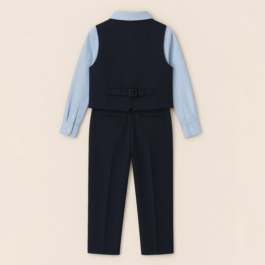 Flat back view of Sincdoo PLA boys' school uniform, made from eco-friendly fabric for breathable, soft, and safe daily school wear.