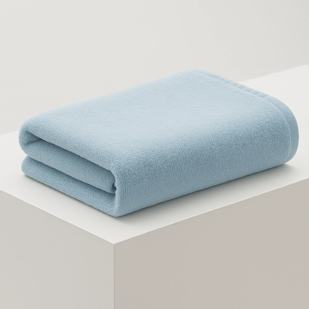 Blue PLA-cotton blend towel offering antibacterial performance, softness, and sustainability
