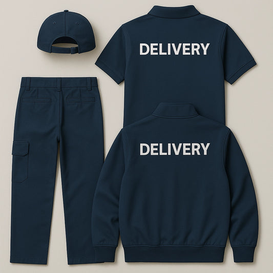 Flat back view of Sincdoo PLA courier uniform, crafted with eco-friendly PLA fibers to offer microplastic-free protection and all-day wearability.