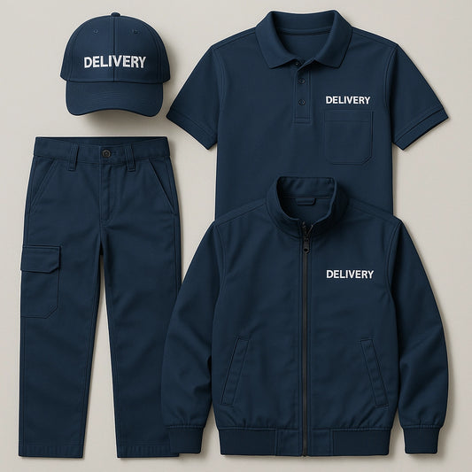 Flat front view of Sincdoo PLA courier uniform, made from breathable and durable PLA fabric, designed for comfort and sustainability.