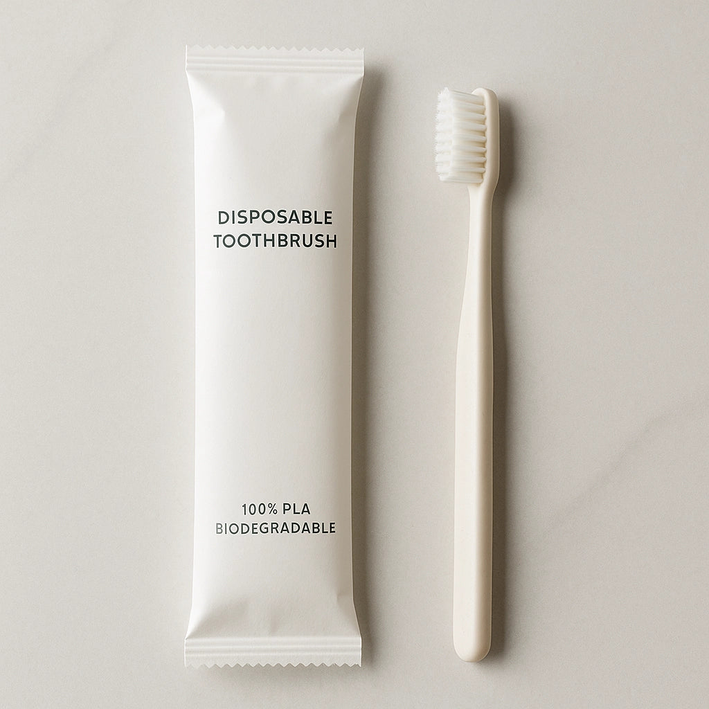 Sincdoo PLA disposable toothbrush for hotels, offering a sustainable and eco-friendly option without changing consumer habits, promoting a better hotel experience while supporting sustainability and ESG goals.