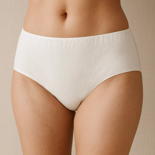 On-body view of Sincdoo 100% PLA disposable underwear, designed for comfort, antibacterial protection, and environmental responsibility.