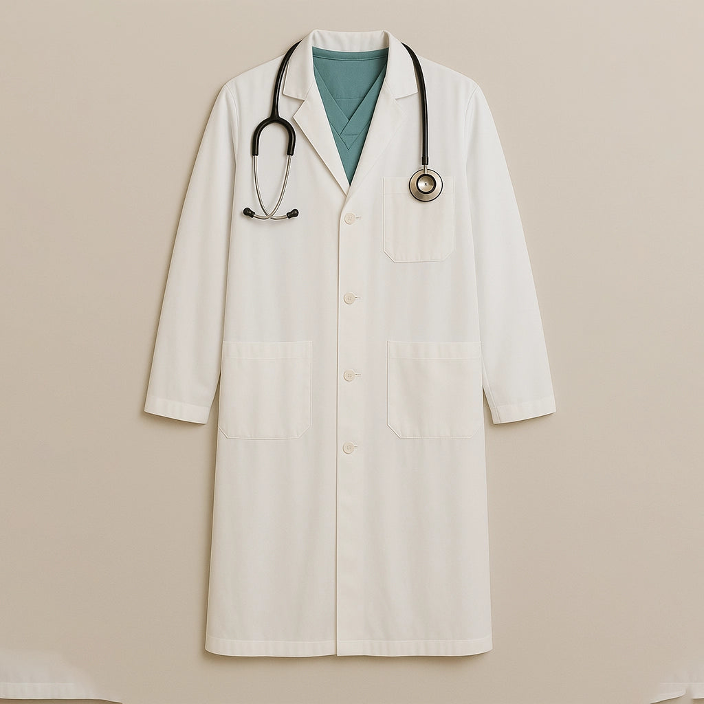 Flat front view of Sincdoo PLA doctor's lab coat, made from eco-friendly PLA fabric, offering breathable, antibacterial, and skin-friendly properties.