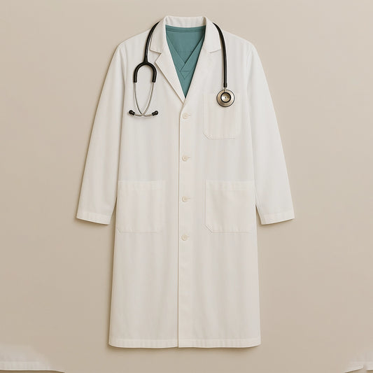 Flat front view of Sincdoo PLA doctor's lab coat, made from eco-friendly PLA fabric, offering breathable, antibacterial, and skin-friendly properties.