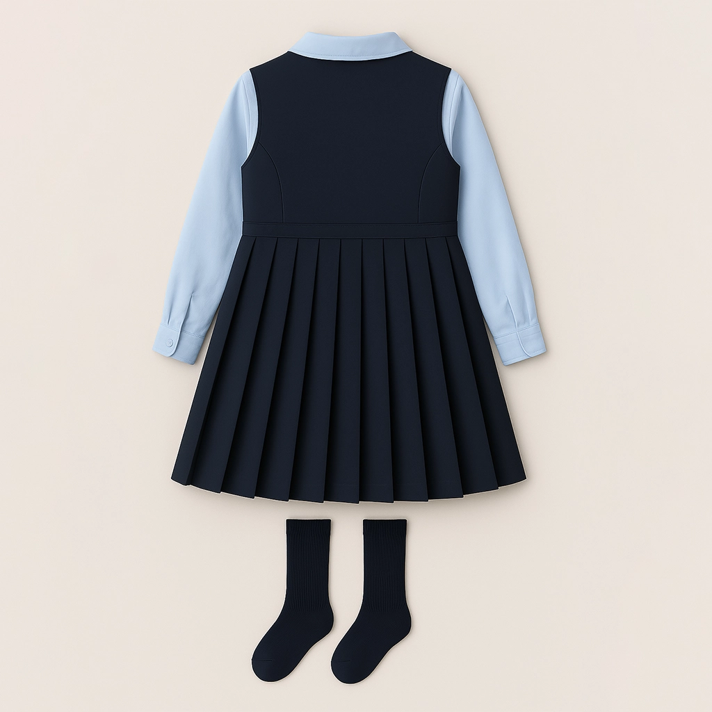 Flat back view of Sincdoo PLA girls' school uniform, featuring skin-friendly and antibacterial PLA fabric, perfect for young students.
