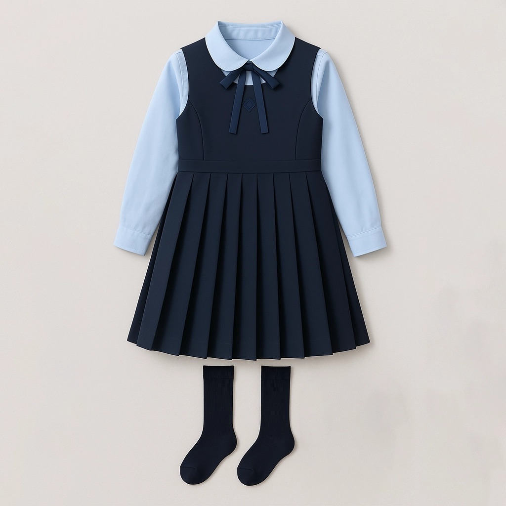Flat front view of Sincdoo PLA girls' school uniform, made from breathable, biodegradable fabric for safe and sustainable schoolwear.
