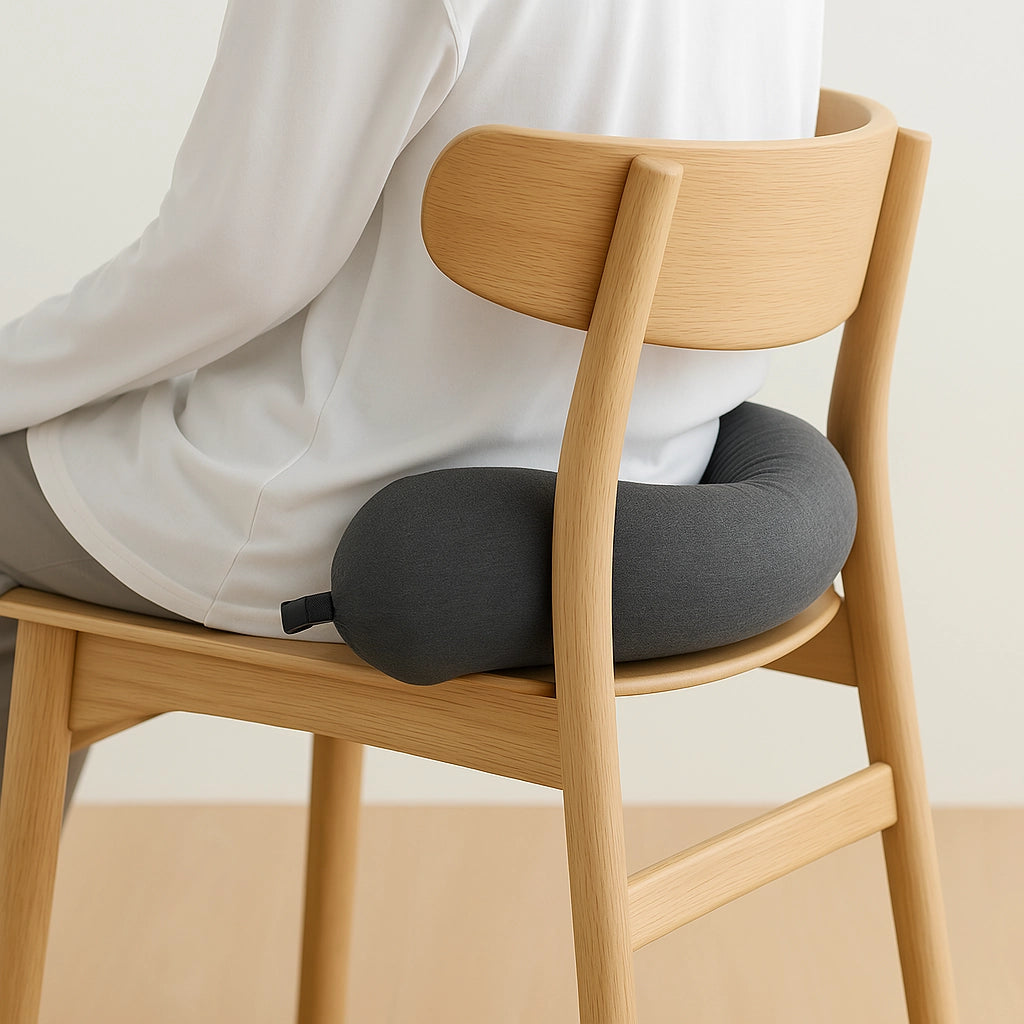PLA neck pillow placed on a chair for lumbar support, made with sustainable PLA and modal blend.