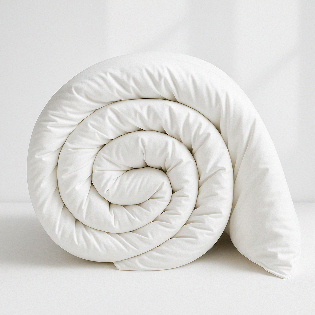 Sincdoo PLA quilt rolled up, demonstrating its soft, breathable, and skin-friendly fabric that provides a comfortable, warm sleeping experience.