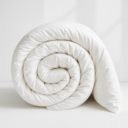 Sincdoo PLA quilt rolled up, demonstrating its soft, breathable, and skin-friendly fabric that provides a comfortable, warm sleeping experience.