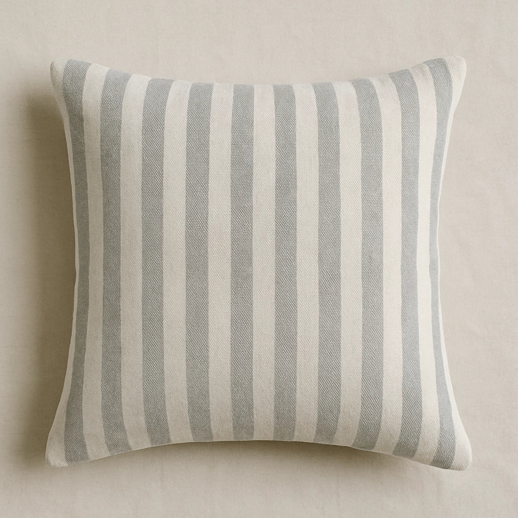Light striped PLA square pillow made with plant-based PLA fabric and filled with PLA fibers, ensuring microplastic-free, breathable, and sustainable comfort.