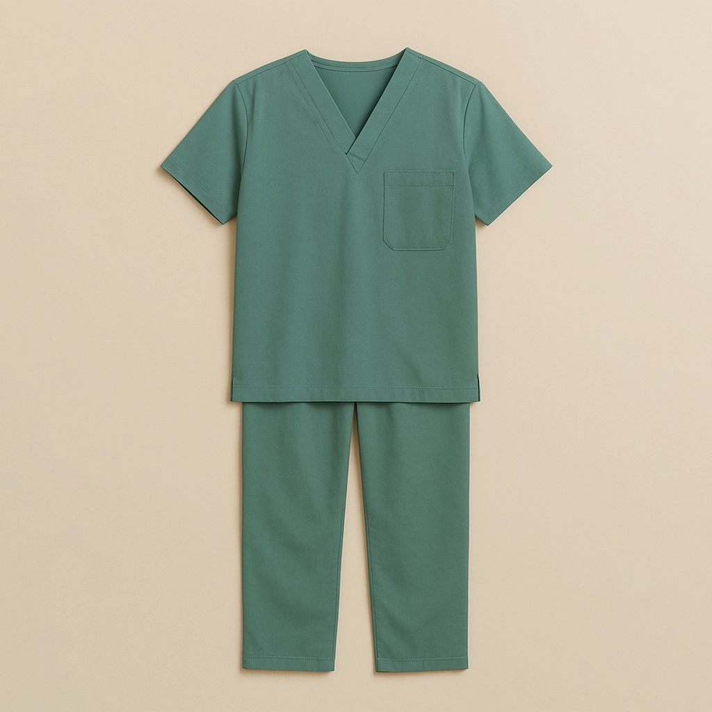 Flat front view of Sincdoo PLA surgical gown, crafted with breathable, antibacterial PLA fabric to ensure comfort and health safety during surgeries.