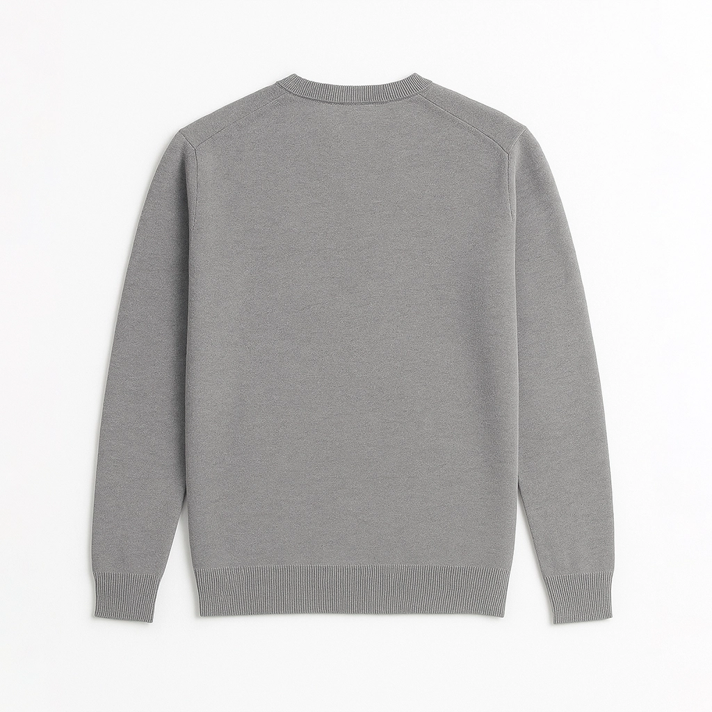 Flat back view of Sincdoo PLA-wool V-neck sweater, combining warmth, elegance, and breathability.