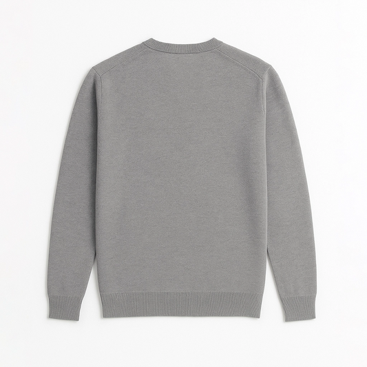 Flat back view of Sincdoo PLA-wool V-neck sweater, combining warmth, elegance, and breathability.