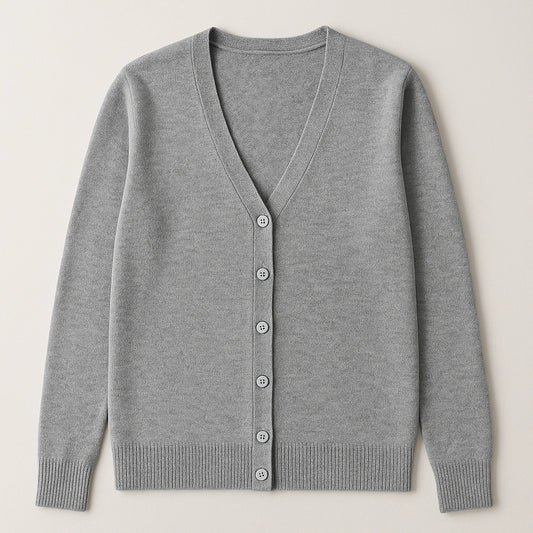 Flat front view of Sincdoo PLA-wool cardigan, combining sustainability with comfort in a soft, breathable knit.