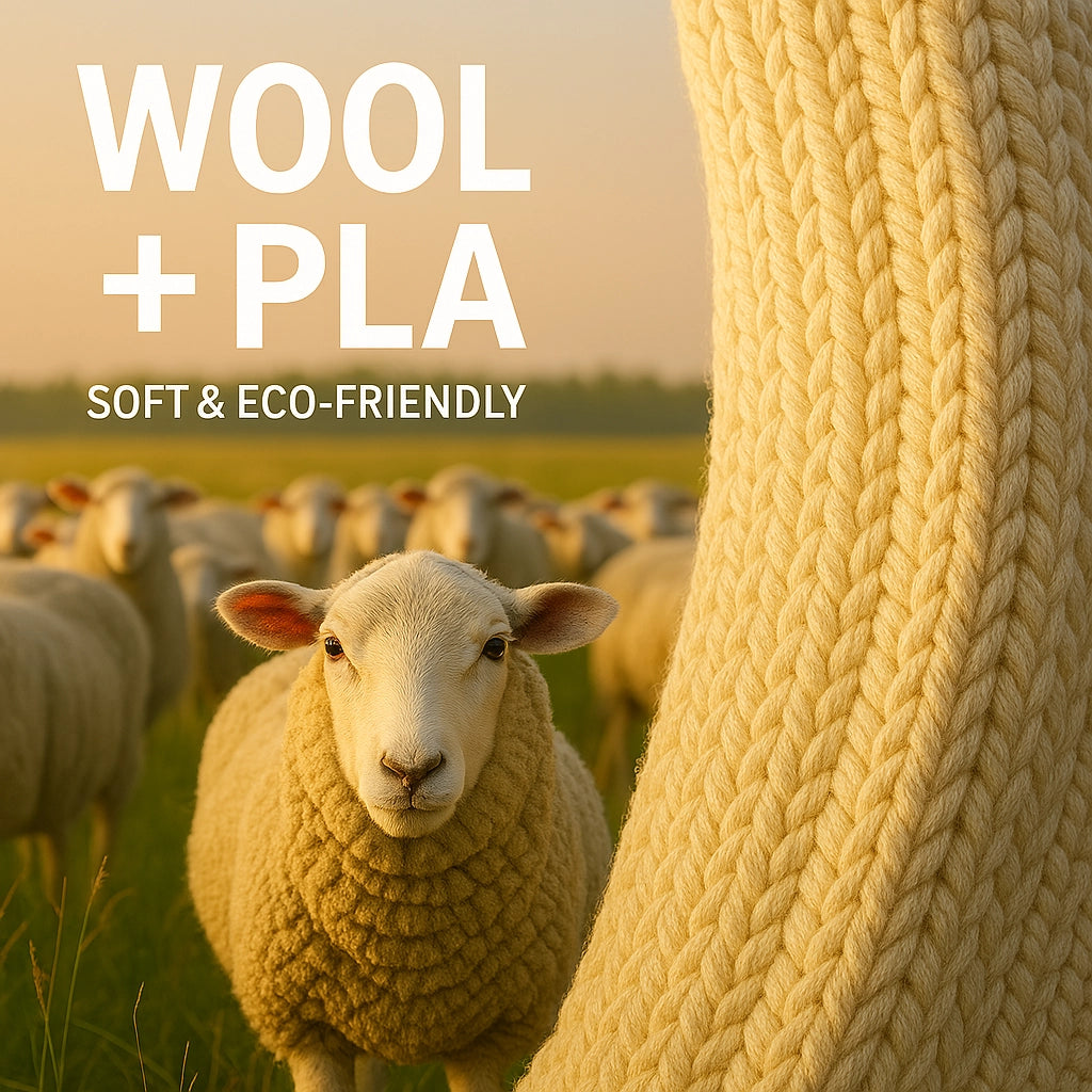 Visual representation of PLA fiber and wool blend – eco-friendly, animal-welfare conscious materials.