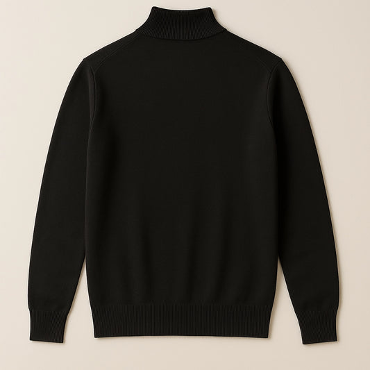 Flat back view of sustainable PLA-wool blend high-collar pullover, breathable and elegant.