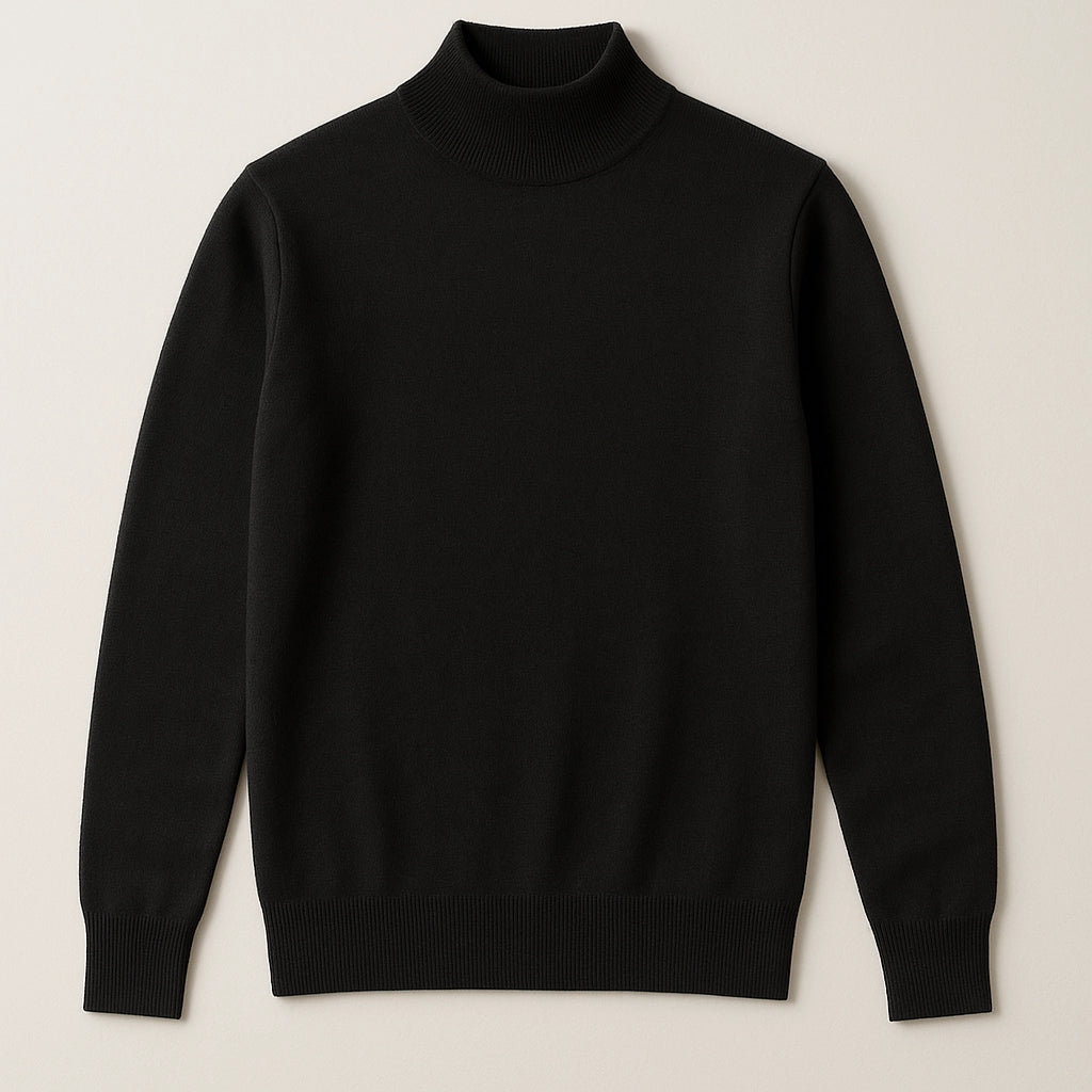 Flat front view of Sincdoo PLA-wool mock neck sweater, combining comfort, structure, and eco-conscious knitwear design.