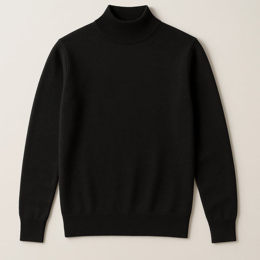 Flat front view of Sincdoo PLA-wool mock neck sweater, combining comfort, structure, and eco-conscious knitwear design.