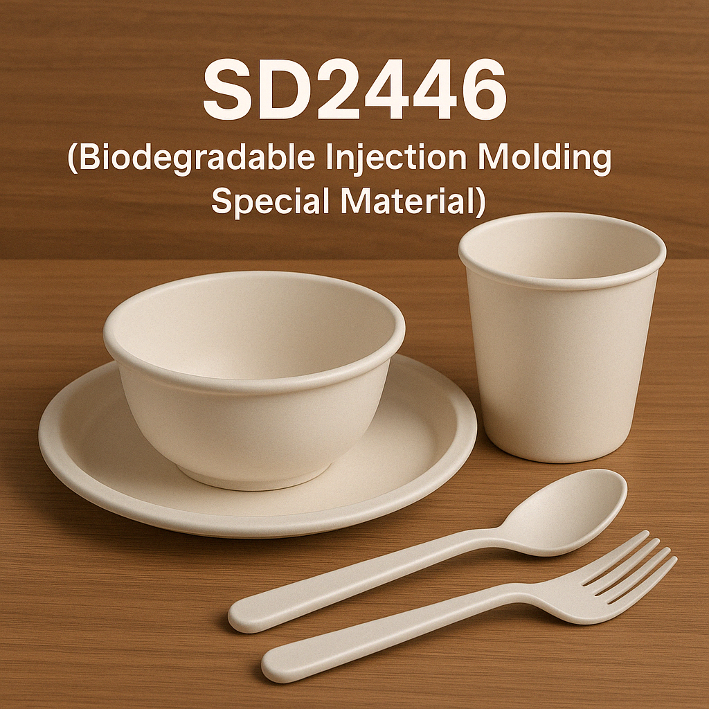 Sincdoo SD2446 biodegradable injection molding material, perfect for creating durable and eco-friendly products such as cutlery, children's plates, and other household items, providing a sustainable alternative to traditional plastics.
