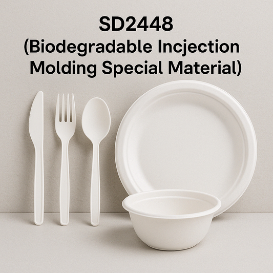 Sincdoo SD2448 biodegradable injection molding material, ideal for creating eco-friendly disposable cutlery such as knives, forks, and spoons, offering a sustainable alternative to traditional plastic utensils.