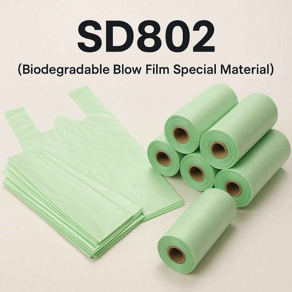 Sincdoo SD802 biodegradable blow film material, ideal for creating eco-friendly shopping bags, garbage bags, and food packaging, providing a sustainable alternative to plastic bags.