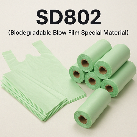 Sincdoo SD802 biodegradable blow film material, ideal for creating eco-friendly shopping bags, garbage bags, and food packaging, providing a sustainable alternative to plastic bags.