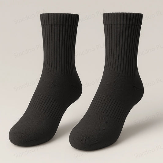 3D front view of Sincdoo black PLA socks made from breathable and eco-friendly PLA fabric, designed for comfort and odor control.