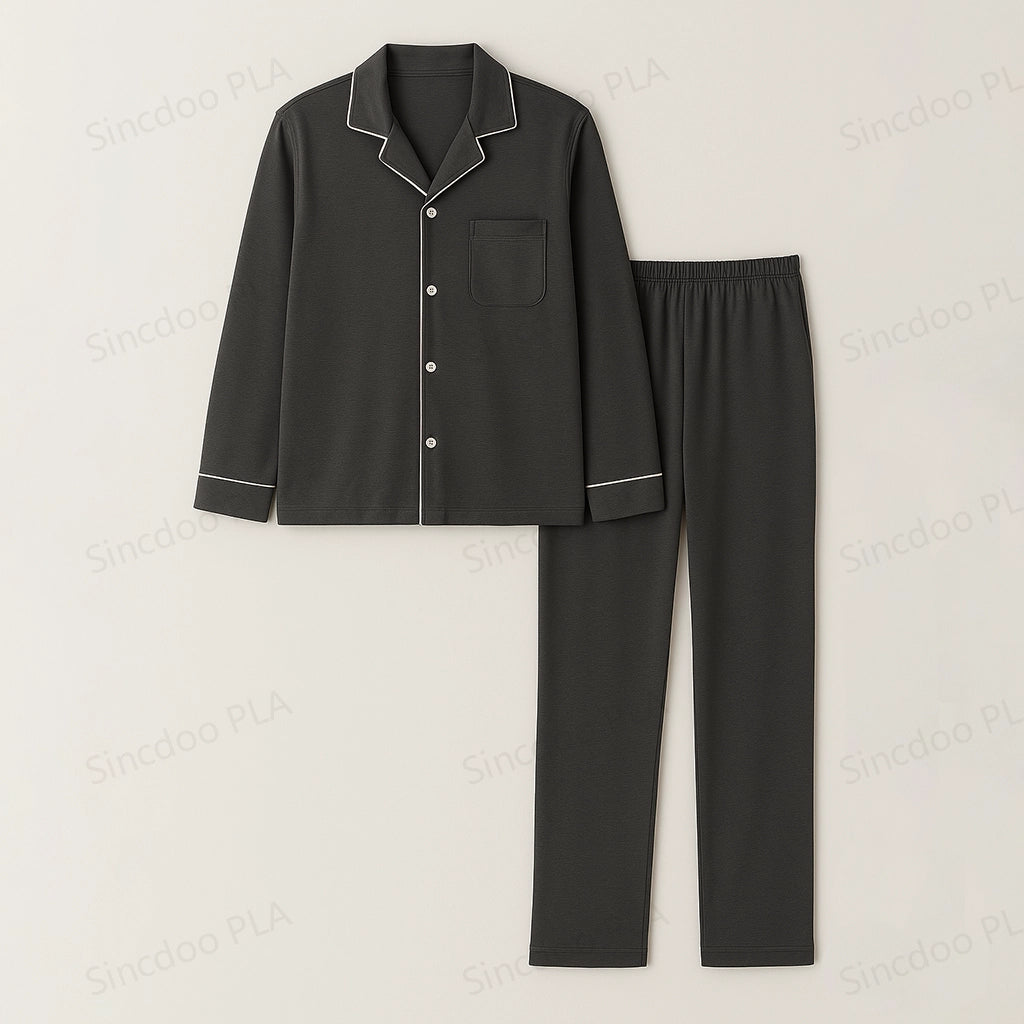 Flat front view of Sincdoo men's PLA pajama set made from soft and breathable biodegradable PLA fabric.
