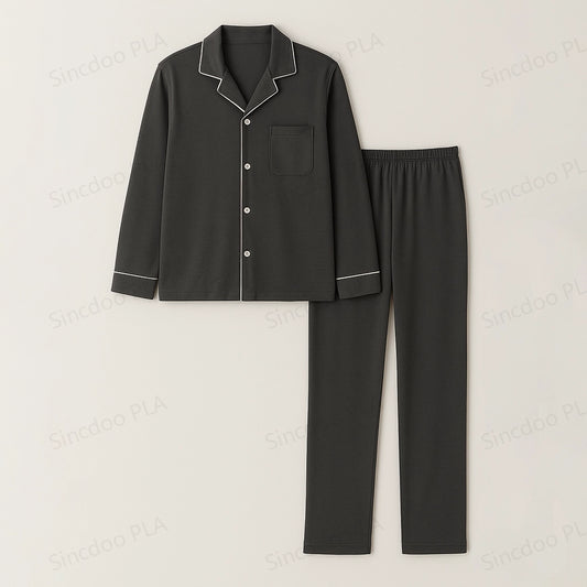 Flat front view of Sincdoo men's PLA pajama set made from soft and breathable biodegradable PLA fabric.