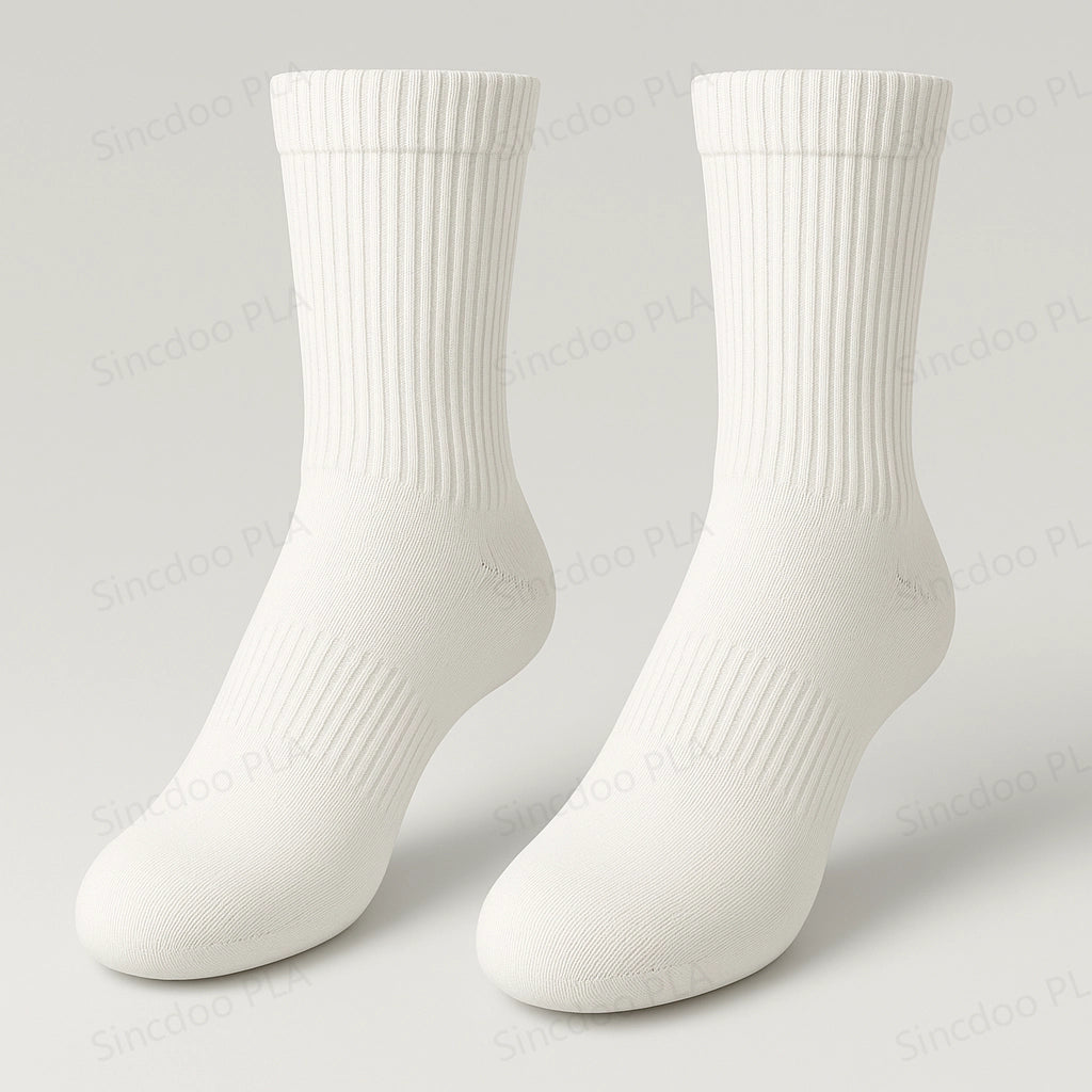 3D front view of Sincdoo white PLA socks, offering breathability and antibacterial properties for all-day freshness and comfort.