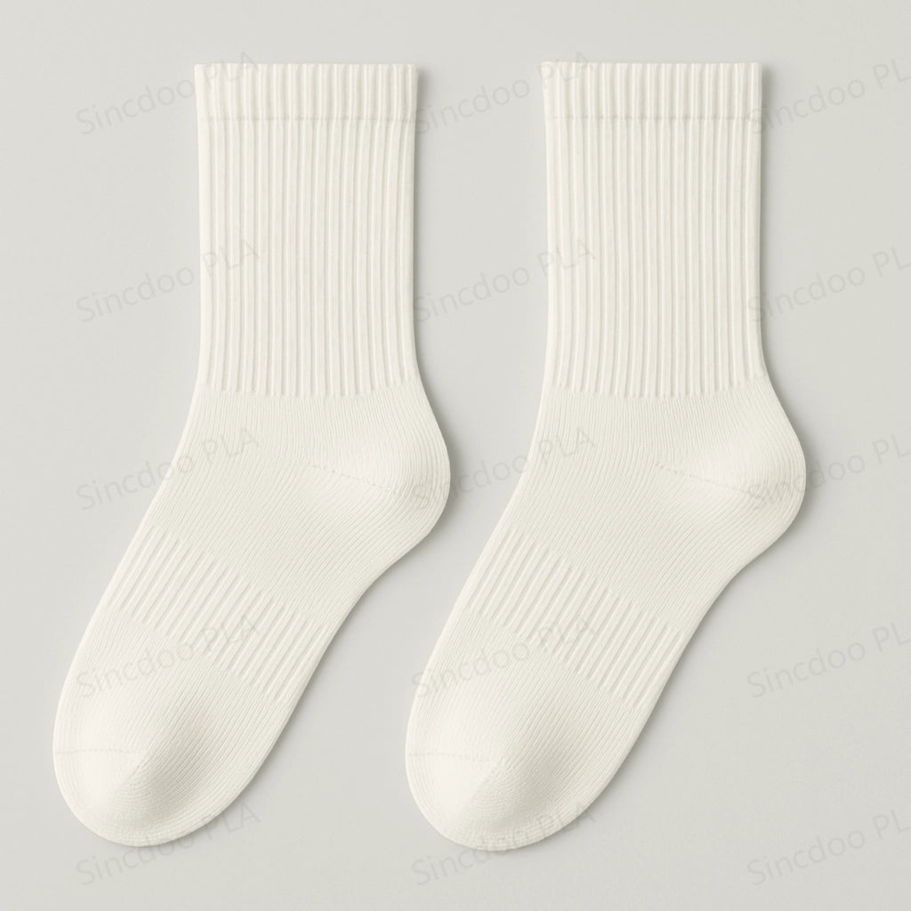 Flat view of Sincdoo white PLA socks made with eco-friendly PLA fabric, featuring superior breathability and odor-resistant qualities.
