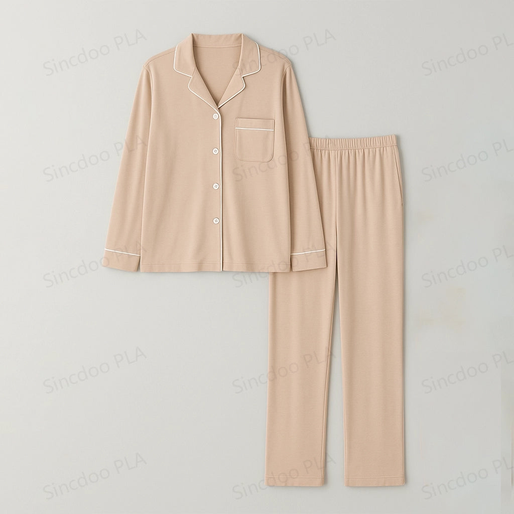 Flat front view of Sincdoo women's PLA pajama set, offering lightweight comfort with plant-based PLA material.