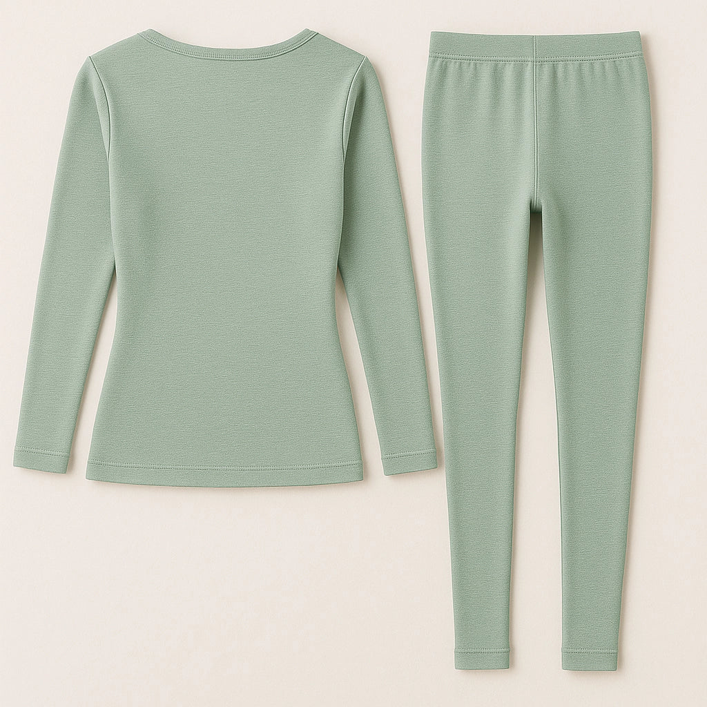 Front view of Sincdoo women's thermal underwear made with sustainable PLA fabric, designed for warmth, softness, and breathability.
