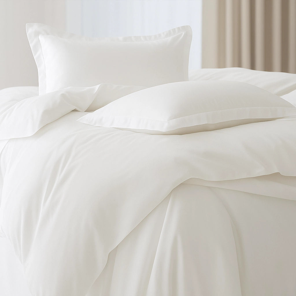 Detailed close-up of Sincdoo PLA and Pima Cotton bedding set, highlighting antibacterial weaving, fine texture, and eco-friendly natural fibers.