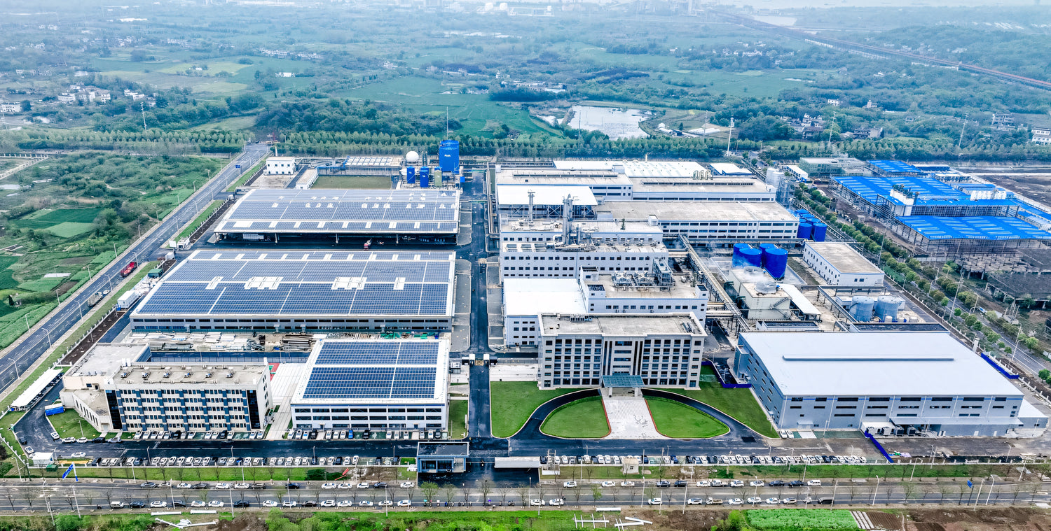 Aerial view of PLA manufacturing facility – a state-of-the-art plant for biodegradable material production.