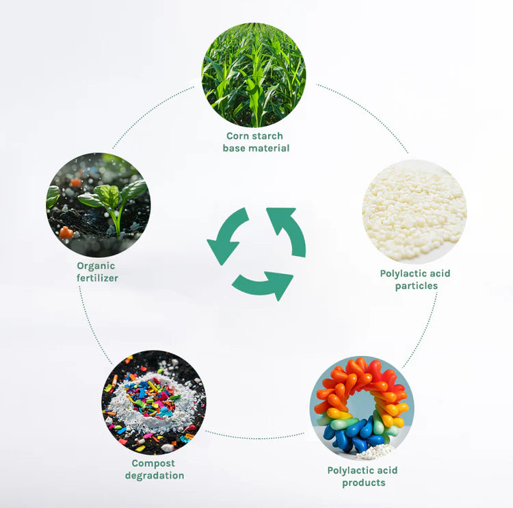 Sincdoo PLA life cycle – from corn-based raw materials to biodegradable products, promoting sustainability.