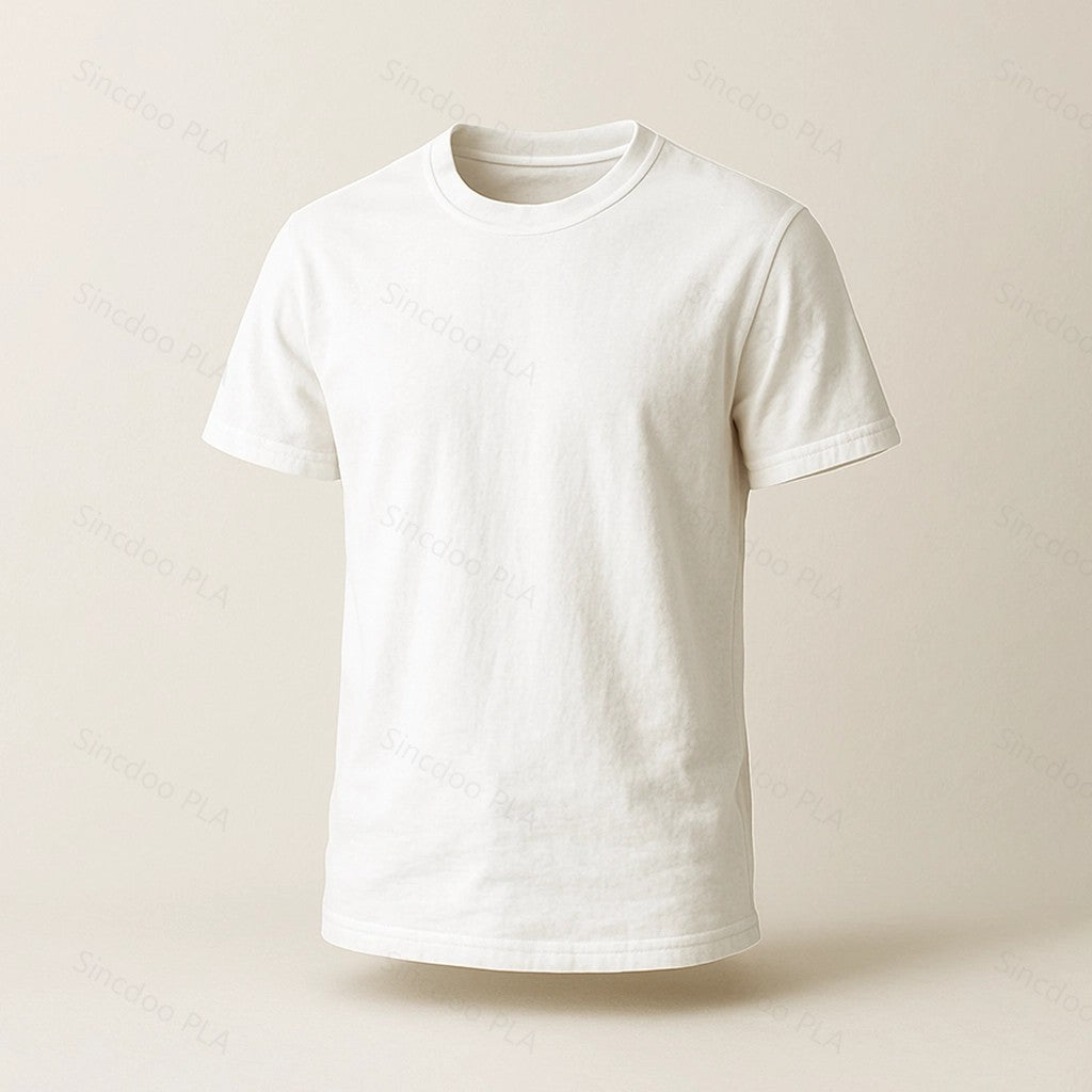 3D front angle of PLA T-shirt, showing eco-friendly fabric texture and fit