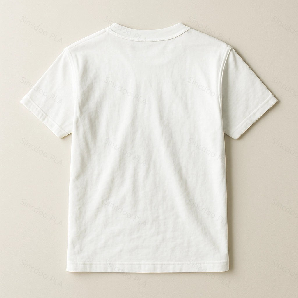 Flat back view of customizable PLA T-shirt, designed for sustainable fashion