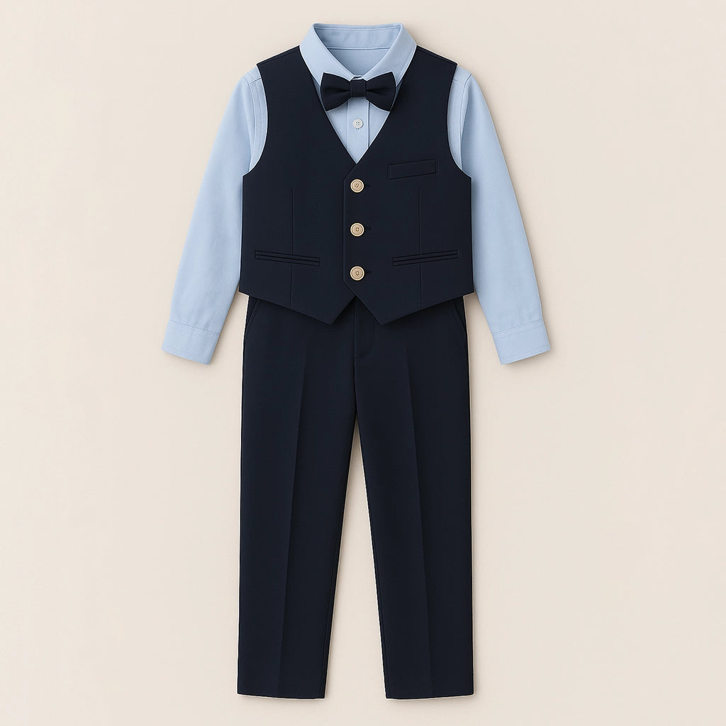 Flat front view of Sincdoo PLA boys' school uniform, crafted from PLA fabric to provide comfort, durability, and zero microplastic risk.