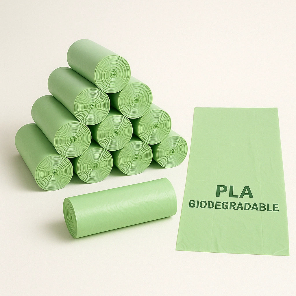 Sincdoo PLA disposable biodegradable trash bags, suitable for home or commercial waste, fully compostable and plastic-free.