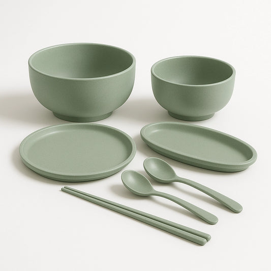 Sincdoo PLA durable tableware set, including plates, bowls, and utensils, made from biodegradable PLA material, offering a safe, microplastic-free, and sustainable alternative for infants, elderly, and businesses committed to ESG and sustainability.