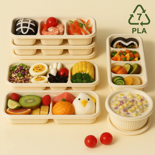 Biodegradable PLA rigid food container filled with food, showcasing leak resistance and eco-friendly packaging for commercial and takeaway use.