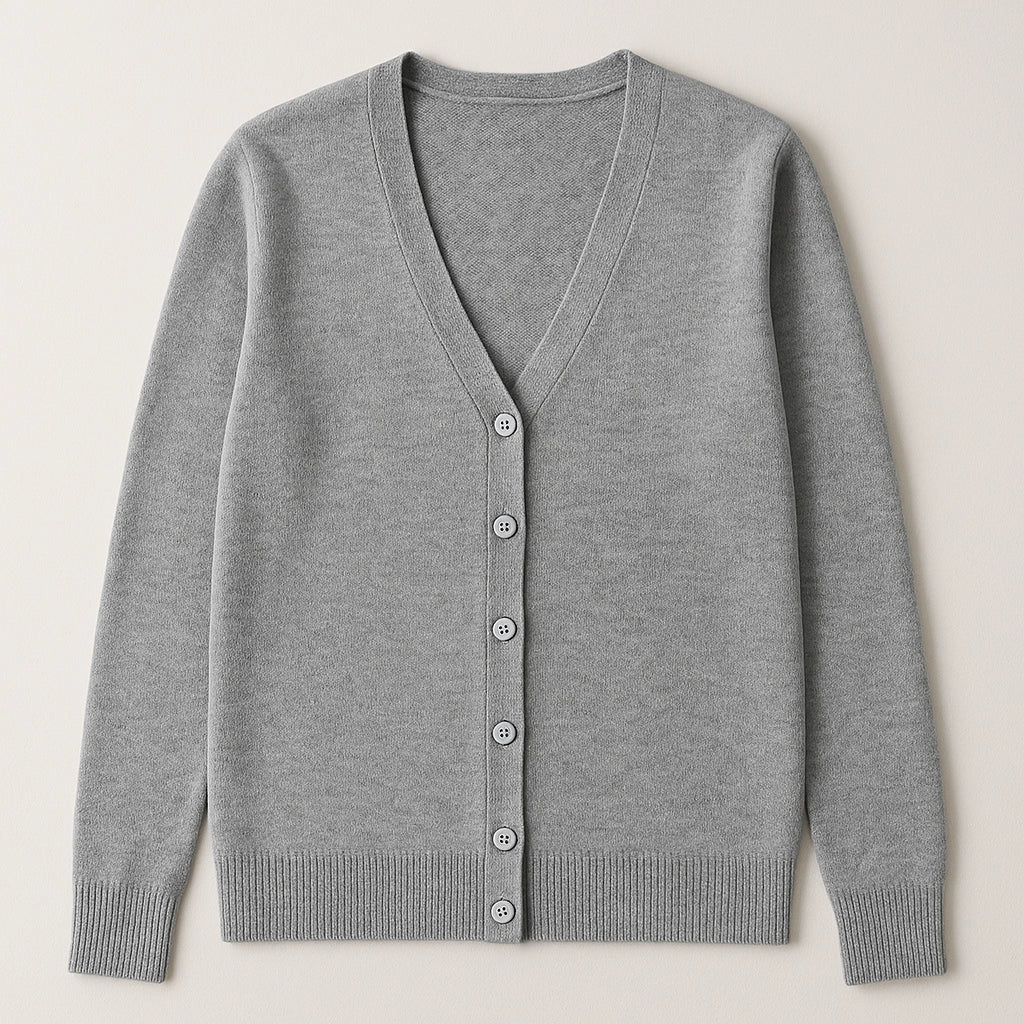 Flat front view of Sincdoo PLA-wool cardigan, combining sustainability with comfort in a soft, breathable knit.
